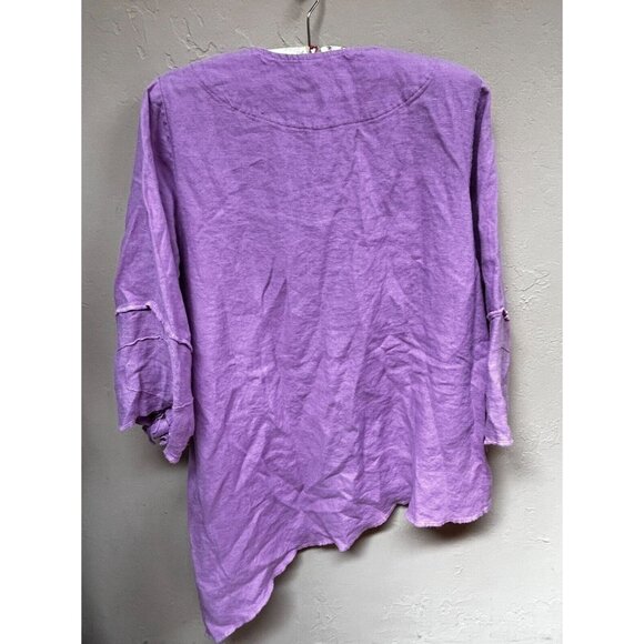 Jaskar Women V-Neck Textured Asymmetric Linen Tunic Top Blouse Purple 3/4 Sleeve - Picture 2 of 9